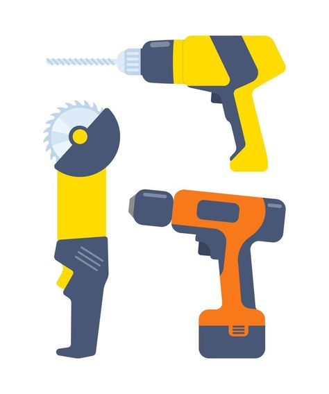 Drilling machine or hand drill. Power tool screwdriver. Circular saw with steel toothed disc. Electric hand tools, set. Building equipment. Vector flat illustration. Building Tools Illustration, Drill Illustration, Set Building, Drill Machine, Drilling Machine, Circular Saw, Power Tool, Template Ideas, Flat Illustration