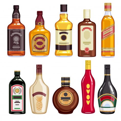 Whisky and liquor bottles icons set. Pre... | Premium Vector #Freepik #vector #restaurant #icons #bottle #flat Liqour Bottles, Beer Illustration, Bottle Drawing, Funny Paintings, Drink Containers, Beer Company, Pub Decor, Alcohol Bottles, Food Painting