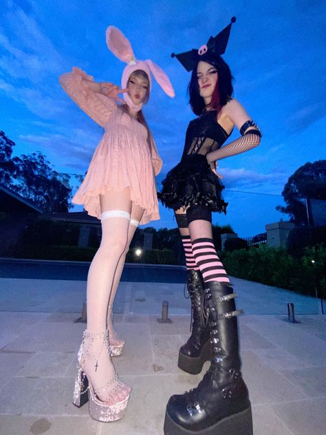 we will stomp on u 😼 Sanrio Fits, Halloween Gate, Pose Perspective, Kuromi Cosplay, My Melody Outfit, Kuromi Outfit, Hello Kitty Costume, Halloween Costumes 2022, Character Halloween Costumes