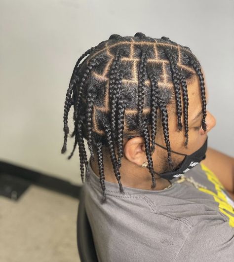 4 Box Braids Men, Medium Plaits Box Braids Men, Box Braids Men With Taper, Single Braids Men, Taper Braids, Box Braids For Men, Men Box Braids, Men Hairstyle Ideas, Single Plaits