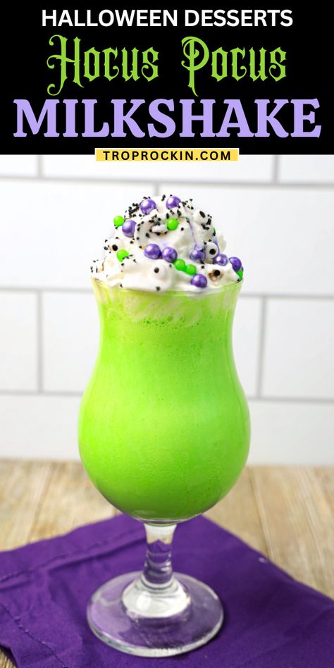 This fun Halloween treat is great for your Hocus Pocus movie night. The kids will love this bright, colorful and tasty milkshake. Hocus Pocus Shake, Hocus Pocus Halloween Milkshake, Halloween Milkshakes For Kids, Halloween Movie Snack Board, Hocus Pocus Milkshake, Fall Party Drinks For Kids, Kids Fall Drinks, Hocus Pocus Drinks For Kids, Halloween Kid Friendly Drinks