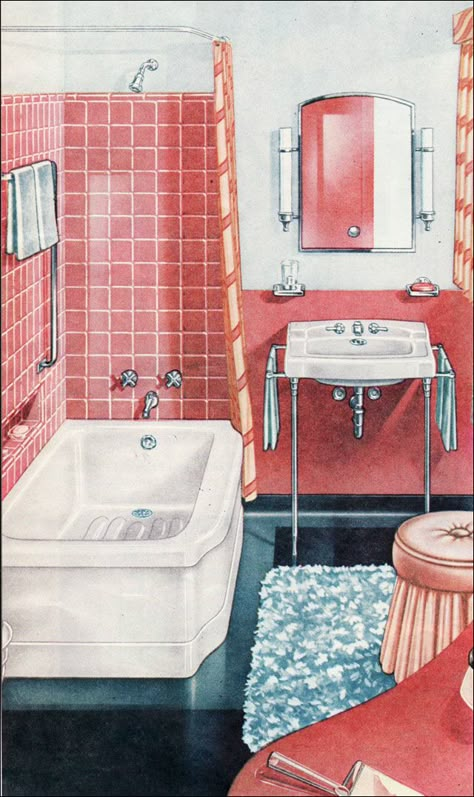 1940s Bathroom, Blue Shelves, Old House Interior, Mid Century Bathroom, Gray Bathroom, Retro Bathrooms, Pink Tiles, Vintage Bath, Shabby Chic Bathroom