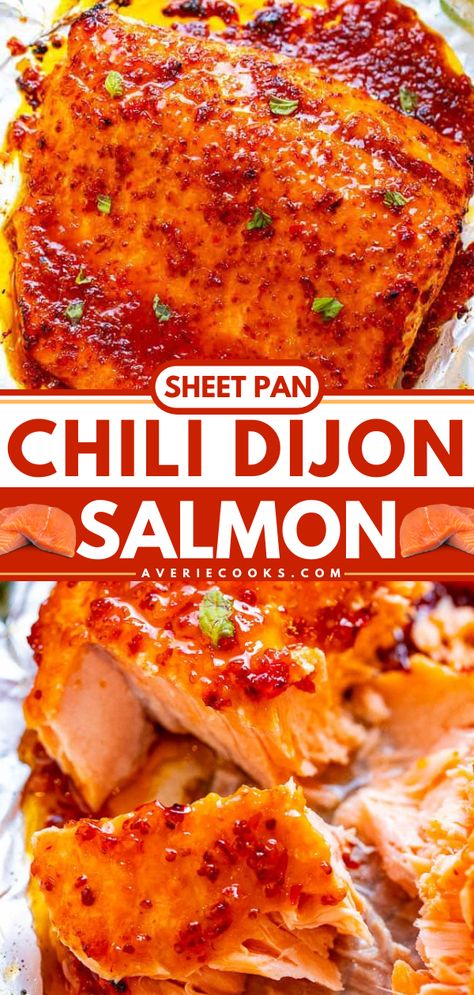 Sheet Pan Sweet Chili Salmon Recipe - Averie Cooks Chili Salmon Recipe, Types Of Chili, Sweet Chili Salmon, Chili Salmon, Cilantro Lime Salmon, Dijon Salmon, Lemon Butter Salmon, Quick Salmon, Lemon Salmon