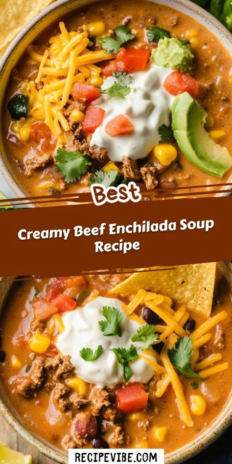 Looking for a comforting dish that’s bursting with flavor? This Creamy Beef Enchilada Soup Recipe is the perfect blend of ground beef, spices, and creamy goodness! Enjoy a hearty meal that the whole family will love. Save this recipe for your next cozy night in! Beef Enchilada Soup, Best Beef Enchilada Recipe, Beef Spices, Creamy Enchilada, Enchilada Soup Recipe, Quick Soup Recipes, Beef Enchilada Recipe, Ground Beef Enchiladas, Beef Enchilada