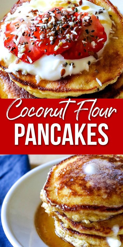 YUM! Don’t these pancakes look delicious??!! These Coconut Flour Pancakes are super easy to make and are pretty good for you, too! If you’re on the Whole30 plan, you can adapt this for sure! Instead of regular milk, try almond milk. Instead of butter, try this coconut oil that has butter flavoring. So good! They’re gluten-free, too! Keto Pancakes Almond Flour, Pancakes Almond Flour, Coconut Flour Pancakes Recipe, Keto Brood, Coconut Flour Pancakes, Coconut Pancakes, Coconut Flour Recipes, Flour Pancakes, Cookies Gluten Free