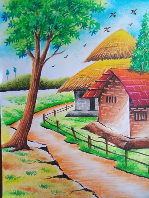 Natural Scene Painting, সিনারি Drawing, Easy Village Drawing, Village Drawing Landscapes, Colour Pencil Art Landscapes, Pastel Colour Drawing, Scenery For Kids, Oil Pastel Scenery, Pastel Scenery