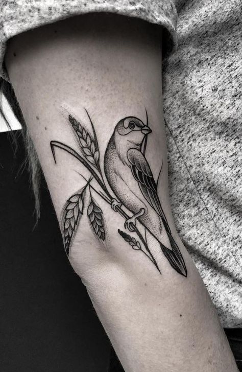 Bird Tattoos | InkStyleMag Botanical Bird Tattoo, Bird Tattoo Linework, Cool Bird Tattoos, Bird Tattoo Arm, Fill In Tattoo Ideas, Bird Tattoos Arm, Organic Tattoo, Black Bird Tattoo, Hippie Tattoo