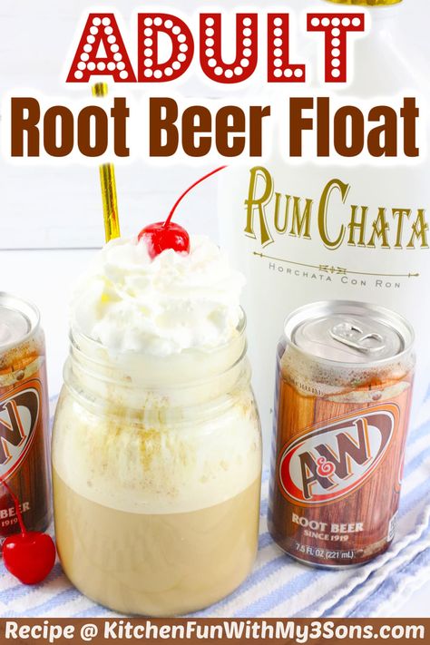 This RumChata Root Beer Float is a classic with an adult twist. Make this boozy root beer float for your next get together with friends! Cooking With Root Beer, Root Beer Float Jello Shots, Root Beer Alcoholic Drinks, Boozy Floats, Root Beer Float Martini, Rumchata And Rootbeer, Root Beer Float Alcoholic Drink, Rumchata Root Beer Float, Root Beer Float Cocktail