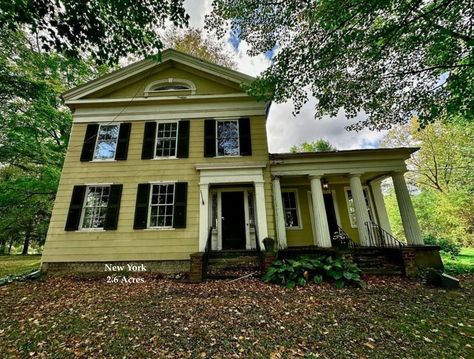 Save This Old c.1850 Greek Revival - New York Fixer Upper Farmhouse For Sale on 2.6 Acres Under $50K - Old Houses Under $50K New Old House, Fixer Upper Farmhouse, Old Houses For Sale, Wide Plank Flooring, Greek Revival, Old Barn, Wide Plank, Detached Garage, Plank Flooring