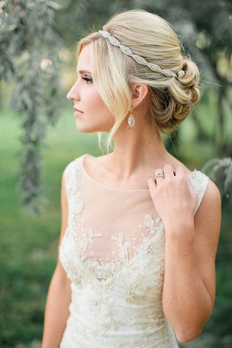 Updo with headband Romantic Bridal Updos, Crystal Headband Wedding, Crystal Headpiece Wedding, Wedding Hairstyles And Makeup, Bridesmaid Headband, Bridal Updo, Wedding Inspiration Fall, A Wedding Dress, Wedding Headband