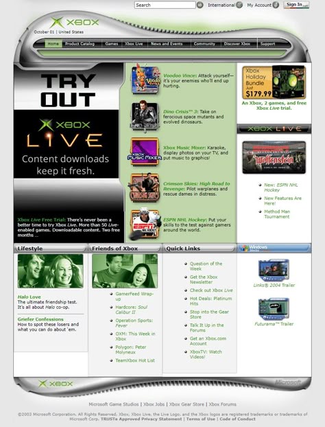 Xbox website in 2003 Early 2000s Website Design, 2000s Website Aesthetic, Old Web Design, Y2k Web Design, Y2k Futurism, Gaming Magazines, Concept Web, Original Xbox, Futuristic Fonts