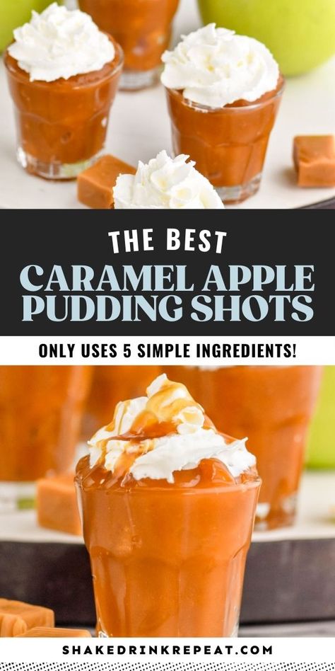 This Caramel Apple Pudding Shot recipe is simple, smooth, and delicious. With the perfect blend of butterscotch, caramel, and apples, you will taste all of the flavors of fall in each shot. Butterscotch Pudding Shots Alcoholic, Apple Pie Pudding Shots Recipe, Pudding Shots Butterscotch, Caramel Apple Pie Drink Alcohol, Butterscotch Shots Recipe, Fall Shooters Alcohol, Pudding Shots Thanksgiving, Fall Jello Shots Alcohol, Pudding Shots Halloween