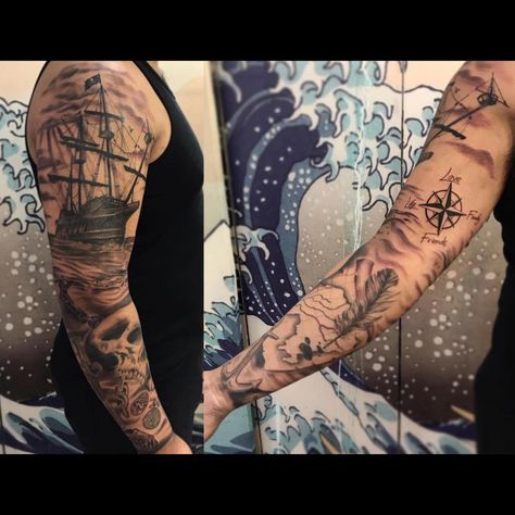 Best Arm sleeve Tattoos |  Holy Water Water Half Sleeve Tattoo, Water Arm Sleeve Tattoo, Water Leg Sleeve Tattoo, Salt Water Tattoo, Ocean Themed Arm Sleeve, Ship Tattoo Design, Aquatic Arm Sleeve, Wolf Girl Tattoos, Pirate Skull Tattoos