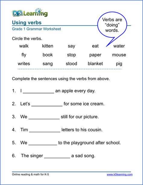 Printable Verb Worksheets from K5learning.com Nouns And Verbs Worksheets, Action Verbs Worksheet, Worksheet For Class 2, Worksheets For Grade 3, English Worksheet, Verb Worksheets, English Grammar Worksheets, Nouns And Verbs, 2nd Grade Worksheets