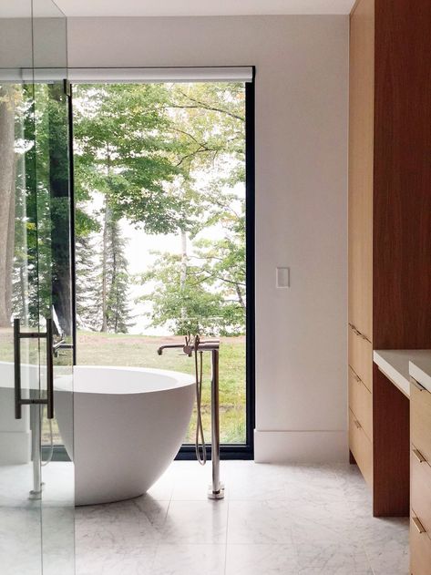 Large Window Frames the View Large Bathroom Window, Small Bathroom Interior, Ranch Remodel, Bathroom Oasis, Bathroom Transformation, Large Bathroom, Bathroom Window, Cottage Farm, Bathroom Windows