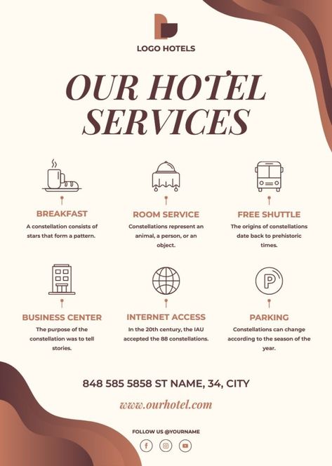 Elegant Gradient Our Hotel Services Flyer Hotel Room Information Booklet, Business Services Flyer, Elegant Flyer Design, Hotel Promotion Poster, Our Services Post Design, Hotel Infographic, Hotel Ads Creative, Hotel Post Design, Hotel Promotion Design