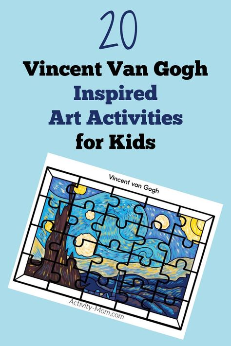 Van Gogh inspired art activities for older kids. Van Gogh activities to include in an artist study. Try different art techniques and styles. Free printables for Van Gogh inspired art activities. Van Gogh Puzzle, Van Gogh Projects For Kids, Van Gogh Preschool Art, Van Gogh Activities For Kids, Van Gogh Kids Art Projects, Van Gogh Activities, Nativity Crafts For Kids, Van Gogh Art Lesson, Van Gogh Printable