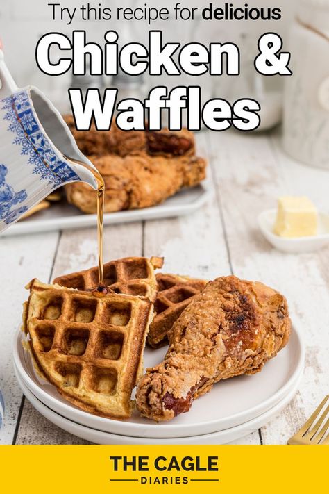 Delicious Chicken and Waffles, made the southern way with yummy crispy crunch fried chicken, nice and moist inside though. With Belgian style waffles. Chicken and waffles never tasted so good! Chicken Waffles Recipe, Chicken And Waffles Recipe, Cornmeal Waffles, Celebrity Chef Recipes, Waffles Breakfast, Chefs Recipes, Southern Chicken, Southern Dinner, Chicken Waffles