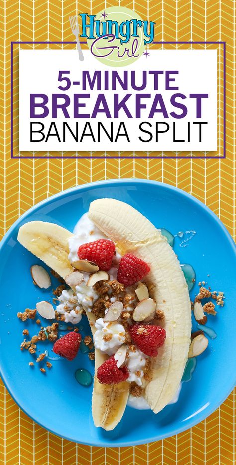 Healthy Breakfast Banana Split Recipe | Hungry Girl Reduced Calorie Recipes, Breakfast Banana Split, Low Sugar Cakes, Banana Split Recipes, Girl Breakfast, Breakfast Banana, Hungry Girl Recipes, Ww Breakfast, Recipe Builder