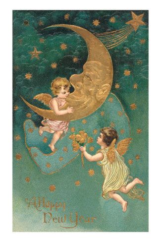 Moonlight Illustration, Vintage Happy New Year, Valentine Cupid, New Year Postcard, Creation Photo, Moon Art Print, New Year Images, Moon Poster, On The Moon