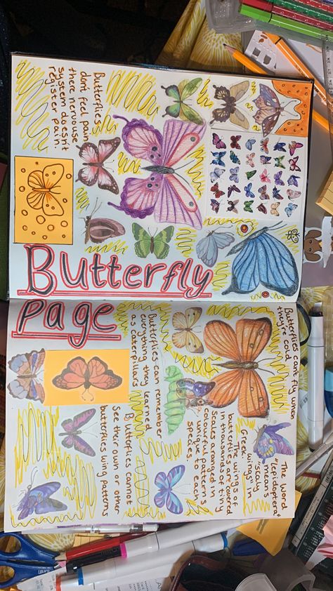 Butterfly Gcse Art Page, Butterfly Art Journal Pages, Gcse Butterfly Art, Sketch Book Butterfly, Butterfly Journal Page, Butterfly Sketchbook Pages, Textiles Butterfly, Art Research Page, Research Sketchbook