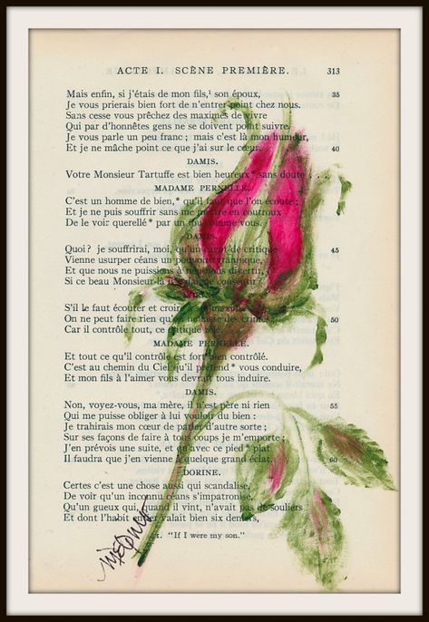 Book Page Art, Rose Bud, Painted Books, Rose Art, Gifts For Everyone, Book Page, Art Journal Inspiration, French Art, Red Rose