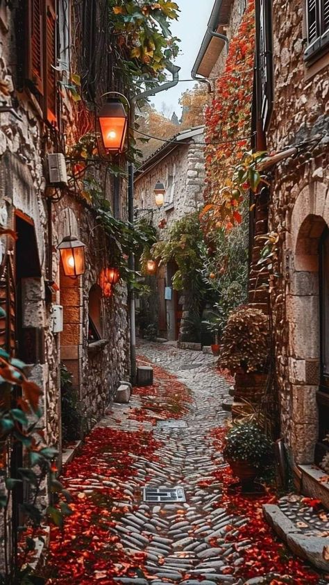 Autumn Village Aesthetic, Autumn City Aesthetic, Autumn Building, Streets Photography, City Streets Photography, Clip Art Frames Borders, Autumn Wallpaper, Leaves Illustration, House Arch Design