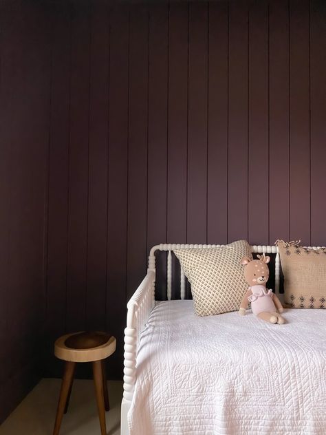 Board And Batten Purple Wall, Plum Brandy Paint And Paper Library, Heliotrope Paint Color, Purple Wall Bedroom Decor, Wallpaper Accent Wall Kids Room, Mauve Shiplap Wall, Best Plum Paint Color, Plum Colored Bedrooms, Plum Dandy Sherwin Williams