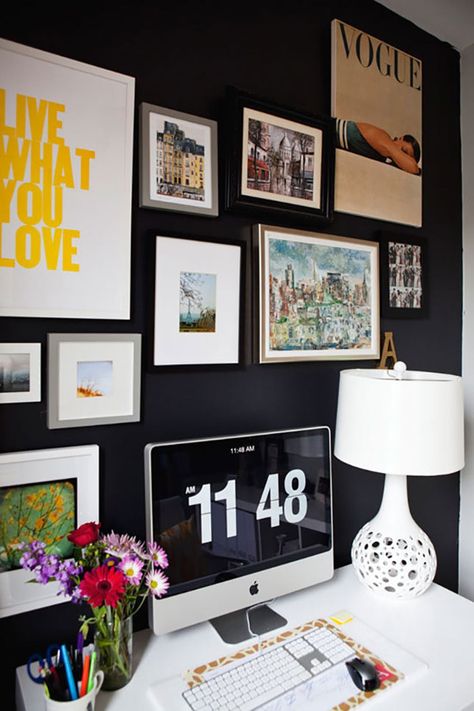 Don’t Be Afraid of the Dark: 12 Black Walls Done Right | Brit + Co Studio In Casa, White Desk, Dream Office, Dark Wall, Dark Walls, Office Crafts, Home Office Space, Decoration Inspiration, A Desk