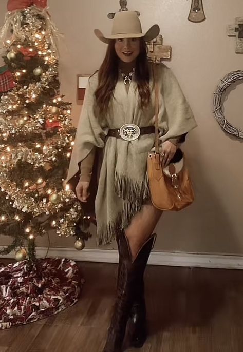 Western Style Outfits Winter, Sweater Dress Cowboy Boots, Cowboy Christmas Outfits For Women, Christmas Cowgirl Outfit, Knee High Western Boots Outfit, Christmas Western Outfit, Western Christmas Party Outfit, Cowboy Christmas Outfit, Cowgirl Christmas Outfit