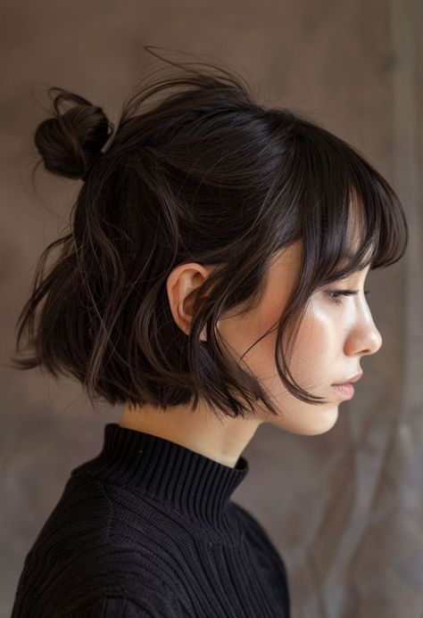 Chic Mini Bun, cute summer hairstyle for short hair Short Hair Dinner Hairstyle, Short Tied Hair, Short Dark Hair Updo, Kawai Hairstyle For Short Hair, European Short Hairstyles, Short Hair Tattoos Women, Bob Pulled Back Hairstyles, Hair Assories For Short Hair, Beret Hairstyles Short Hair