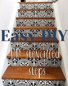 White Wood : Easy DIY stencilled cement steps...get this bold trendy look for very little Stenciled Stairs, Cement Steps, Stair Riser Vinyl, Tile Decals Stickers, Basement Steps, Stencil Concrete, Stairs Renovation, Tile Steps, Stairs Makeover