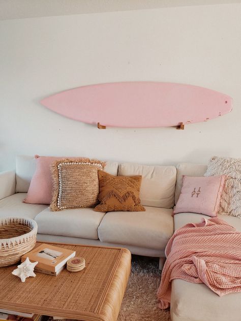 A Living Room, Surfboard, Coffee Table, Couch, Living Room, Coffee, Wall, Pink, Furniture