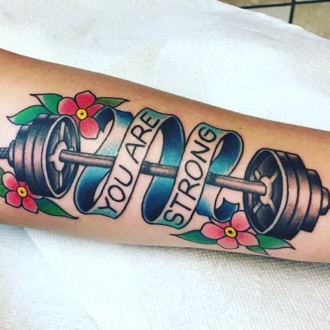 From one of the #GRRRLarmy badasses! You are #Strong! #WeightLiftMeUp #StrongAF #Tattoo #Barbell Barbell Tattoos, Powerlifting Tattoo, Weightlifting Tattoo, Dumbbell Tattoo, Taco Tattoos, Gym Tattoos, Bodybuilding Tattoo, Vintage Style Tattoos, Pin Up Girl Tattoo