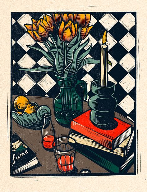 Still Life Linocut, Stylized Still Life, Creative Still Life Painting, Digital Still Life, Still Life Illustration, Still Life Abstract, Linocut Artists, Berlin Design, Linocut Printmaking