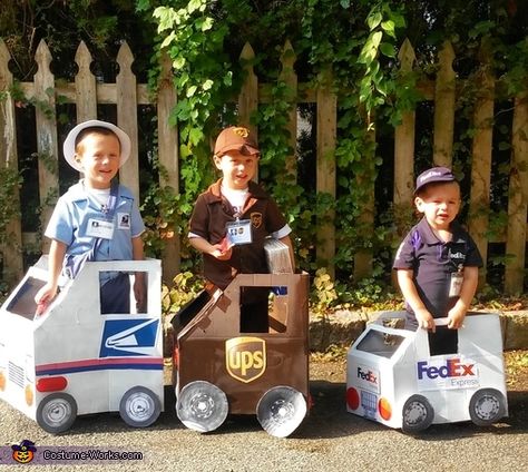 The Delivery Crew - Halloween Costume Contest via @costume_works Mail Man Halloween Costume, Ups Truck Costume, Preschool Boy Halloween Costumes, Mail Truck Costume, 3 Boys Halloween Costumes, Amazon Delivery Costume, Mail Man Costume, Doc Mcstuffins Halloween Costume, Mailman Costume