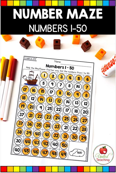 Help students practice counting to 50 with the numbers 1-50 Thanksgiving maze activity. Students dot or color the numbers in the correct order to complete the number maze worksheet. This is a great Thanksgiving activity for students in 1st grade. It can be used for morning work, math centers, or for homework. #unitedteaching Numbers Up To 50 Worksheet, Count To 50 Activities, Numbers To 50 Activities, Dot Day Activities 1st Grade, Number Maze, Math Maze, Maze Activity, Mathematics Activities, Thanksgiving Worksheets