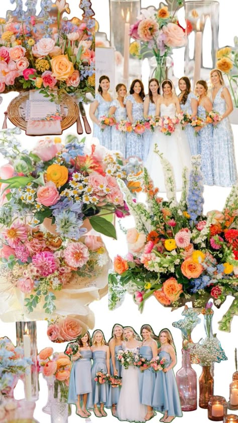 Pink Orange And Blue Wedding Colors, Floral Wedding Theme Bridesmaid, Blue Bridesmaid Dresses Bright Flowers, Wildflower Wedding Mood Board, Summer Wedding Colors Flowers, Blue Bridesmaid Dresses With Pink Flowers, Colourful Wildflower Wedding, Light Blue Wedding With Colorful Flowers, Wild Flowers Color Palette