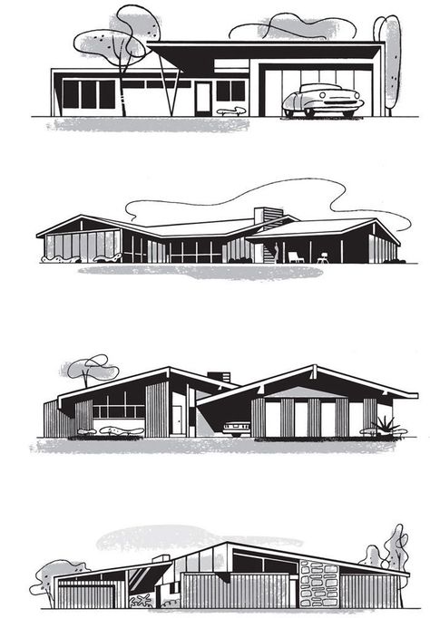 Mad for Mid-Century: Mid-Century Home Illustrationsmid century modern architecture Mid Century Exterior, Mid Century Ranch, Mid Century Architecture, Drawing Style, Architectural Drawing, Modern Houses, Mid Century Modern House, Modern Exterior, Mid Century House