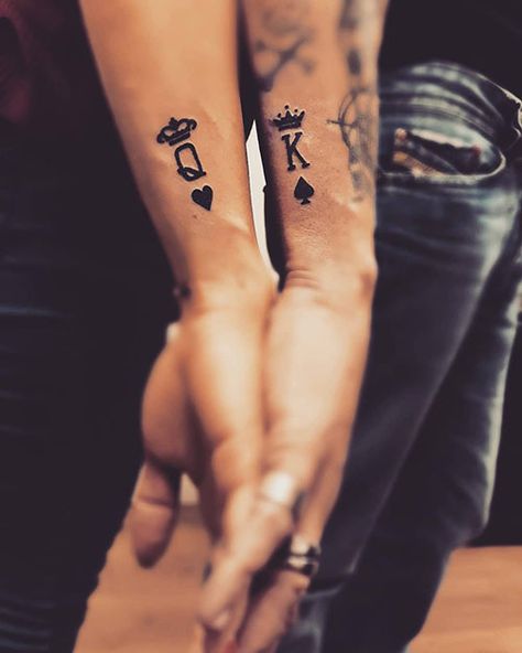 30 Top Design Ideas For Couple King And Queen Tattoos Him And Her Tattoos, Best Couple Tattoos, Cute Couple Tattoos, Couple Matching Tattoo, Relationship Tattoos, Couple Tattoos Unique, Couples Tattoo Designs, Queen Tattoo, Tattoos For Lovers