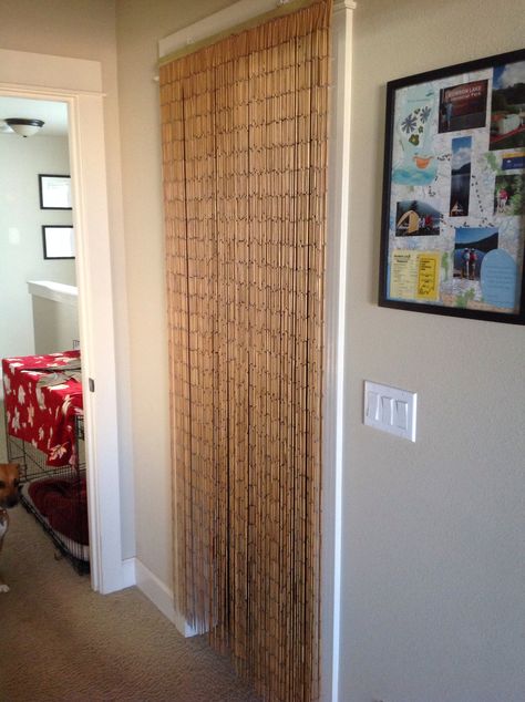 Replaced the closet door that was always in the way with a bamboo beaded curtain. We love it! Bamboo Closet Doors, Beaded Curtains Doorway Closet, Room Without Door Ideas, Beaded Door Curtains Aesthetic, Bamboo Beaded Curtains Diy, Closets Without Doors Ideas, Beaded Door Curtains Kids, Bamboo Beaded Curtains Doorway, Beaded Curtains Doorway Plastic