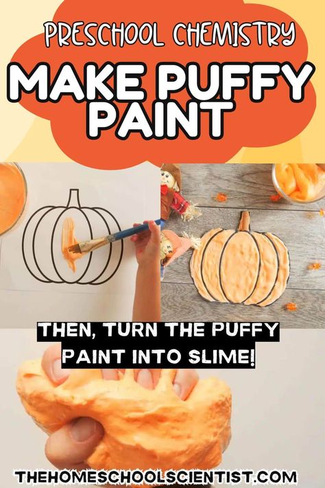 Children love to make puffy paint and slime. Easily turn this recipe of puffy paint into slime with one extra ingredient. 2 easy to do science activities.... Homemade Puffy Paint With Shaving Cream, Pumpkin Puffy Paint, Making Puffy Paint, Science Fall Activities Preschool, How To Make Puffy Paint, Fall Science Activities Preschool, Puff Paint Recipe, Puffy Slime Recipe, Slime Preschool