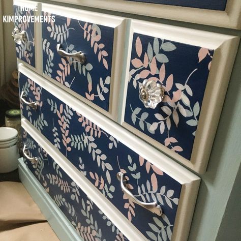 From dated to elegant glam... check out this dresser makeover tutorial on how I used chalk paint and stenciling to get this one-of-a-kind dresser, perfect to add a little razzle dazzle to a room!   #chalkpaint #razzledazzle #dressermakeover #paintedfurniture #rustoleum #glassknobs #glamorous #upcycle #stenciling #blueandpink Dresser With Decals, Diy Painted Dresser, Paint Dresser Diy, Refinished Dresser Diy, Diy Furniture Restoration, Dresser Refinish, Furniture Upcycle, Diy Dresser Makeover, Crackle Painting