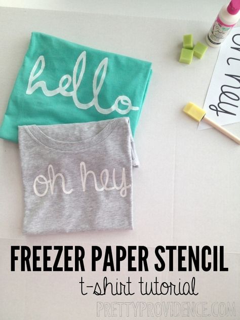 freezer paper stencil shirt DIY with "hello" or "oh hey" templates free to download & use to make your own. such a fun and easy project! www.prettyprovidence.com Stencil Shirt, T Shirt Tutorial, Freezer Paper Stenciling, Stencil Wood, Shirt Tutorial, Freezer Paper, Shirt Diy, Summer Diy, Diy Couture