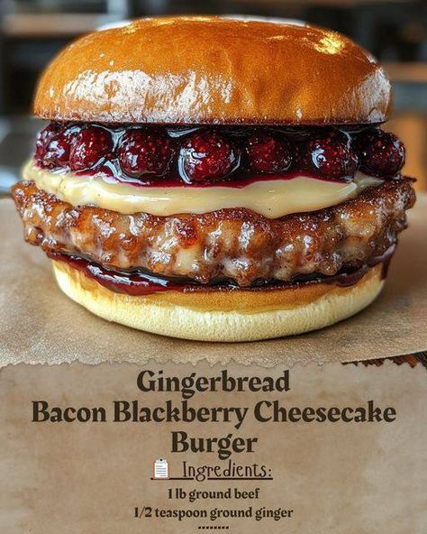 🍔🍰 Gingerbread Bacon Blackberry Cheesecake Burger – A Sweet & Savory Masterpiece! 😍 Looking for a burger like no other? Brace yourself for this incredible fusion of flavors: soft gingerbread buns, rich cheesecake filling, crispy bacon, and a tangy blackberry sauce. This Gingerbread Bacon Blackberry Cheesecake Burger is the ultimate treat that takes indulgence to new heights. 🥳✨ Save this recipe for your next weekend adventure, and get ready to wow everyone at the table! 💥👨‍🍳 Ingredients For... Garlic Burger Recipe, Boss Burger, Maple Bacon Cheesecake, Creative Burger, Blackberry Sauce, Soft Gingerbread, Burger Recipes Beef, Blackberry Cheesecake, Rich Cheesecake