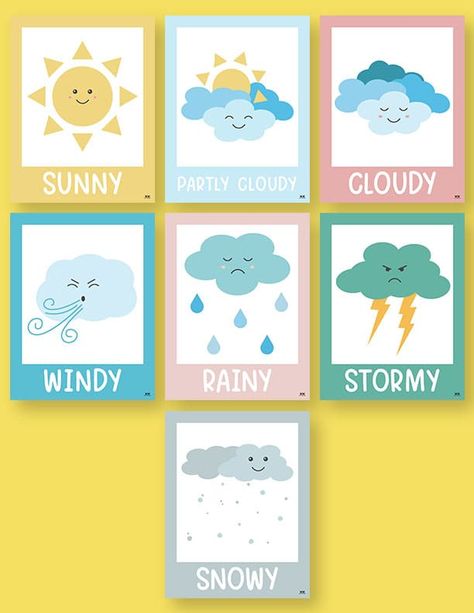 Choose from 50 unique weather worksheets and printables to both learn the weather and display it in your classroom. 100% FREE! Print from home! Printable Weather Cards, Todays Weather Is Free Printable, Weather Prek, Weather Flashcards Printable Free, Weather Symbols For Kids, Preschool Weather Chart, Weather Printables, Weather For Kids, Weather Graph