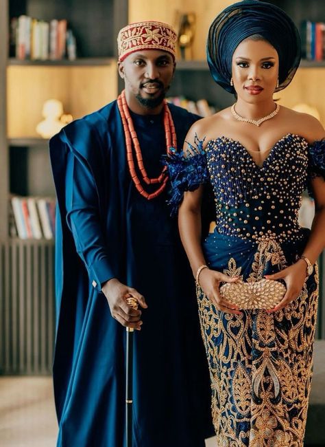 Royal Blue Wedding Outfit, Blue Wedding Outfit, Traditional Wedding Colors, Yoruba Traditional Wedding Attire, Gowns Reception, Nigerian Traditional Dresses, Nigerian Wedding Dresses Traditional, Igbo Traditional Wedding, African Couple