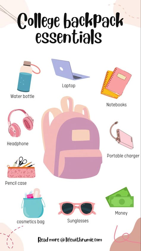 College Bag Essentials List, Must Have Things In College Bag, College Bag Checklist, Book Bag Ideas For School, Collage Backpack Essentials, School Must Haves List, College Bookbag Essentials, Must Have In Bag, College Student Must Haves