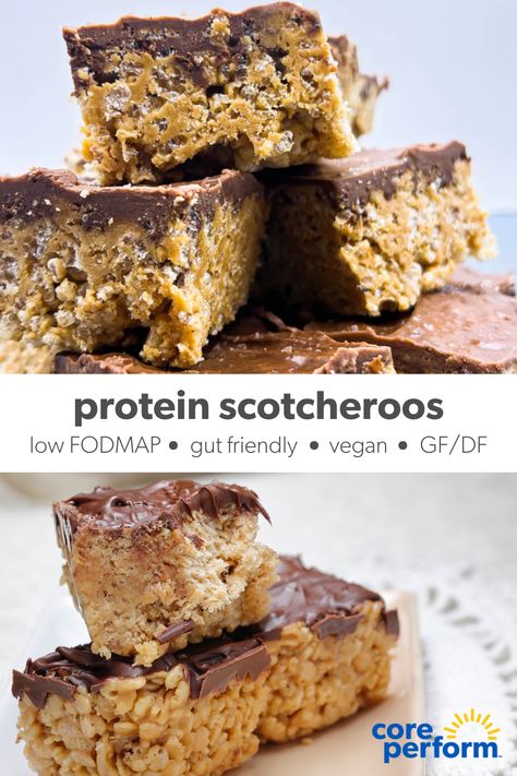 NA Low Fodmap Protein Bar, Low Fodmap Protein Snacks, Protein Scotcheroos, Low Fodmap Treats, High Protein Low Fodmap Meals, Macro Friendly Treats, Macro Friendly Recipes Snacks, High Calorie Snacks For Kids, Low Fodmap High Protein Recipes