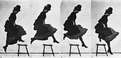 Taken from Eadweard Muybridge's collection, this shows the simple movement of a young woman jumping over a stool. While it is a simple four frames, this is an example of picking an interesting subject and angle. There are elements of not only the woman's legs and body moving to make the motion, but her dress and hat as well. Muybridge, E. (1887) Animal Locomotion: Investigation https://placesjournal.org/article/eadweard-muybridges-secret-cloud-collection/ Sequence Photography, Personal Project Ideas, Woman Jumping, Louis Daguerre, Eadweard Muybridge, Animal Movement, Representational Art, History Of Photography, Artist Models